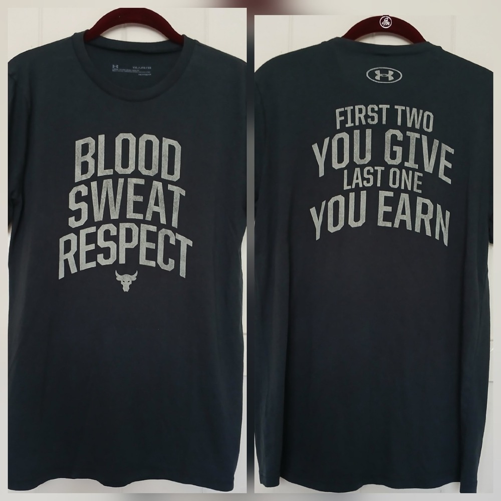 Under Armour Project Rock T-Shirt Youth XL Blood Sweat Respect Give Earn 2-Sided